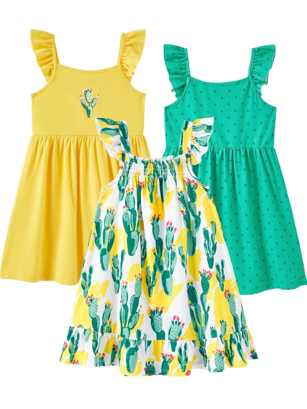 NWT PatPat Girls Yellow & Teal 3-Pack Cactus Print Summer Dresses